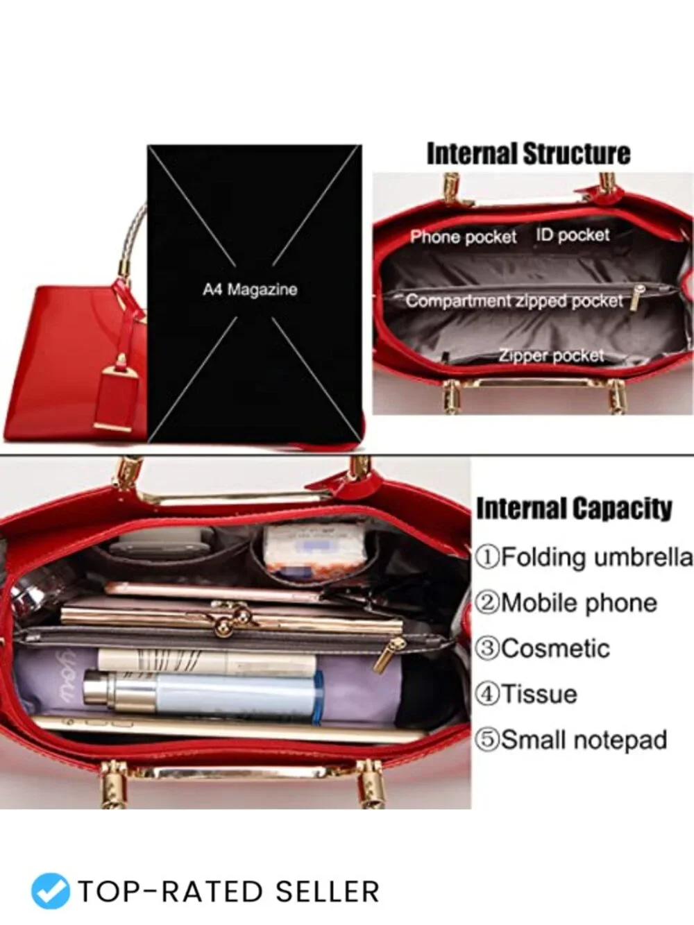 Faux Patent Leather Top-Handle Satchel Tote Structured Shoulder Bag Evening